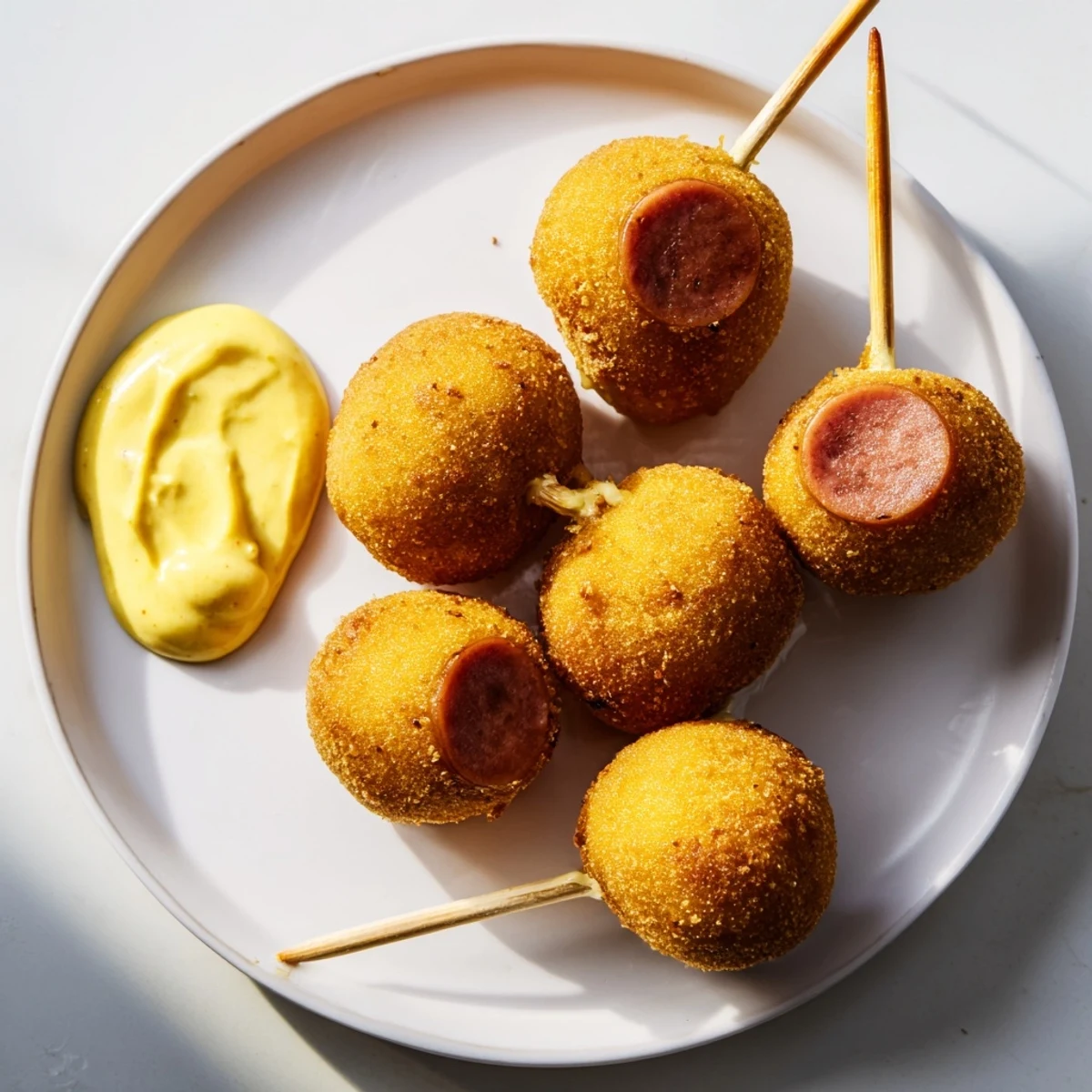 Golden, crispy Super Bowl Mini Corn Dogs with Mustard rest on a white platter, showcasing crunchy cornmeal batter around halal beef frank pieces.