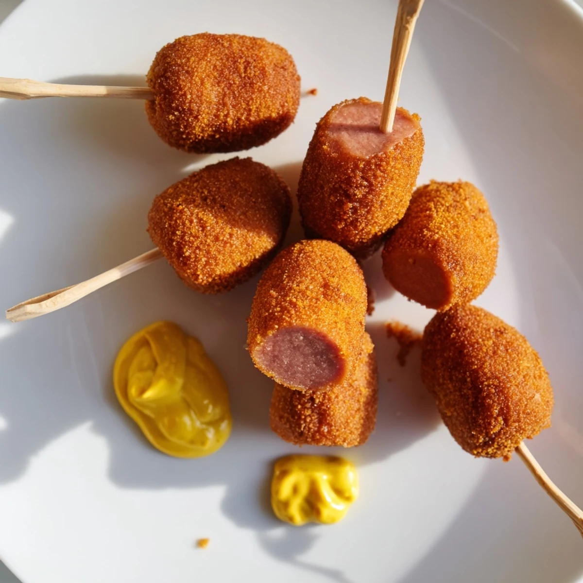 A hand dips a Super Bowl Mini Corn Dog with Mustard into a tangy honey mustard sauce, perfect for game day snacking.