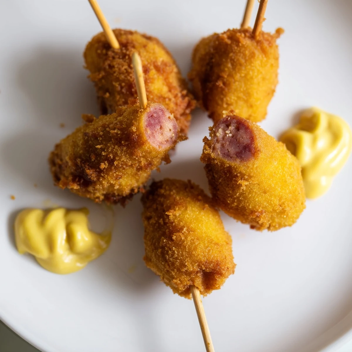 Close-up of golden Super Bowl Mini Corn Dogs with Mustard lined up on parchment, highlighting their crunchy texture and juicy halal beef centers.