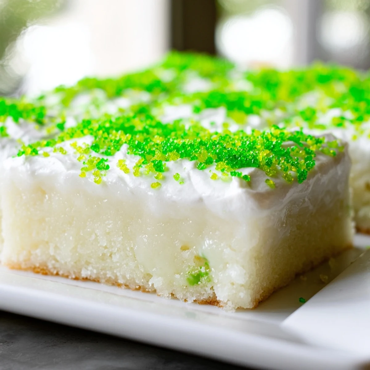 Easy St. Patrick's Day Lime Poke Cake presents a bright green slice on a plate, garnished with lime zest and festive green sprinkles.