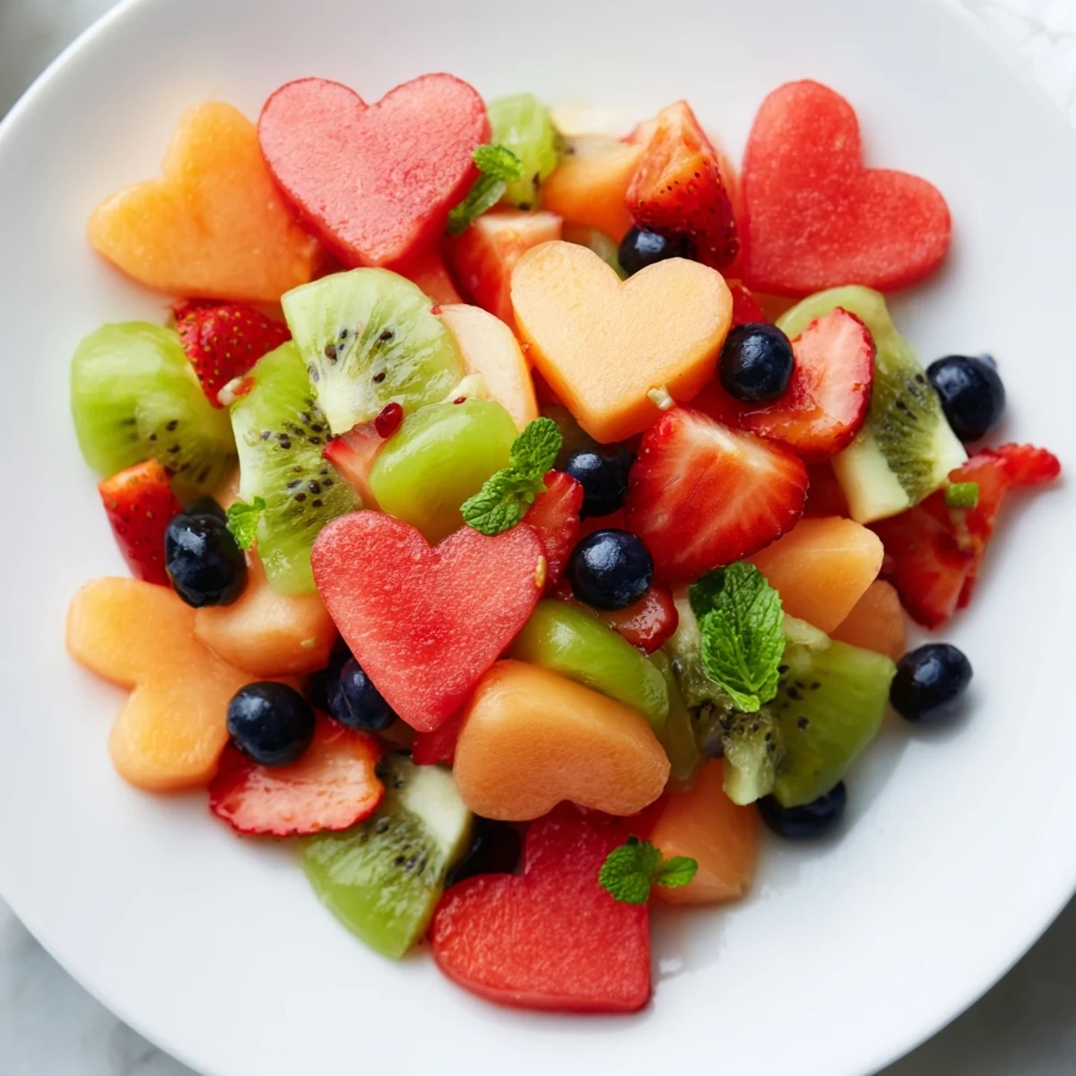 Bright bowl of Sweetheart Fruit Salad with honeydew, cantaloupe, grapes, and mint, served chilled as a refreshing light dessert.