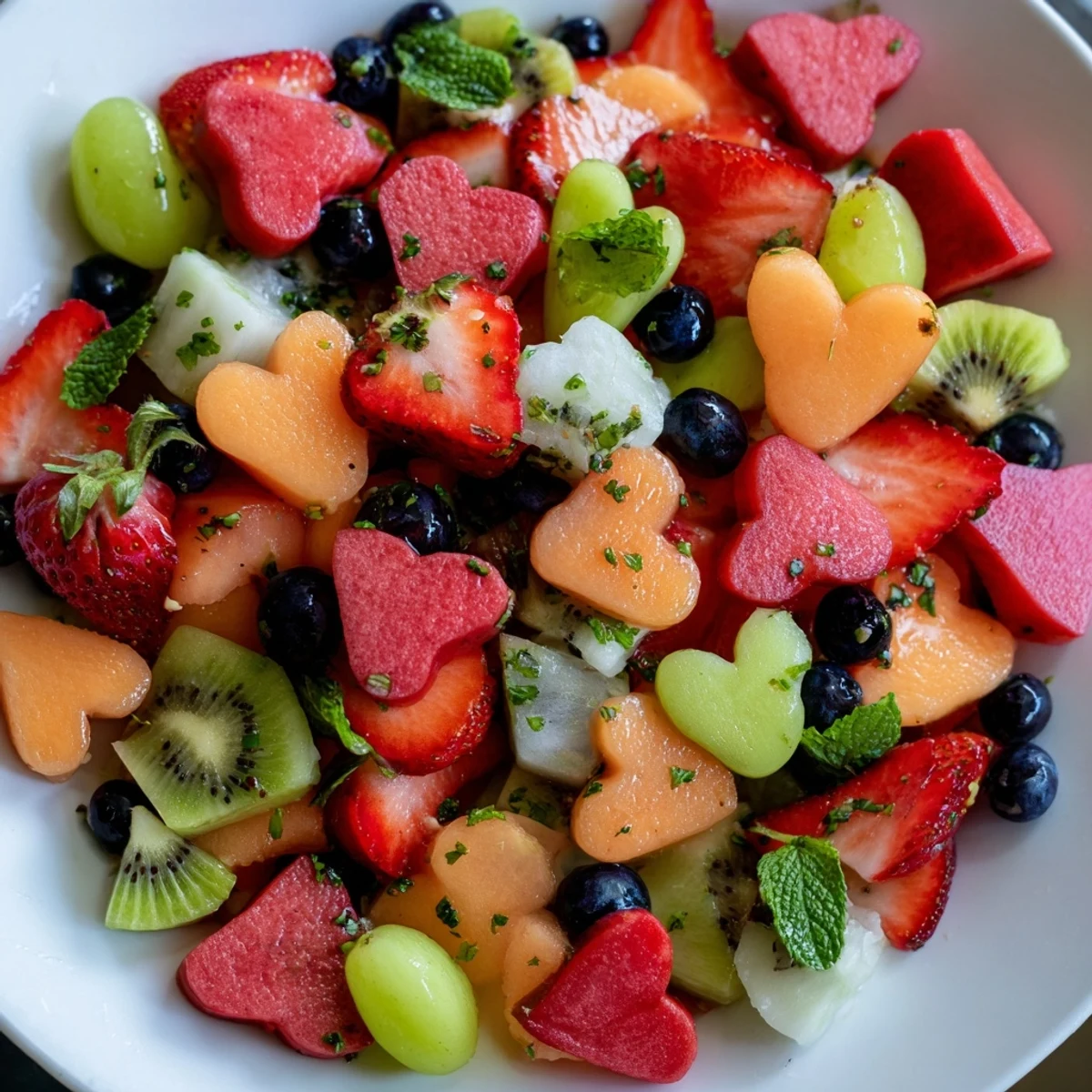 Sweetheart Fruit Salad with Honey Lime featuring heart-shaped watermelon and strawberries glistening with a sweet-tart honey lime dressing.
