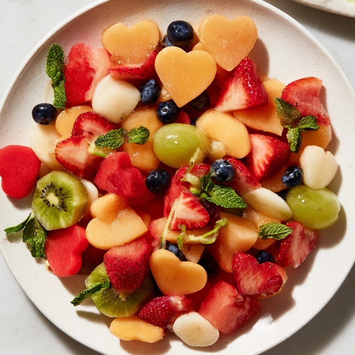 Overhead view of Sweetheart Fruit Salad tossed in honey lime dressing, garnished with fresh mint and vibrant blueberries for summer gatherings.