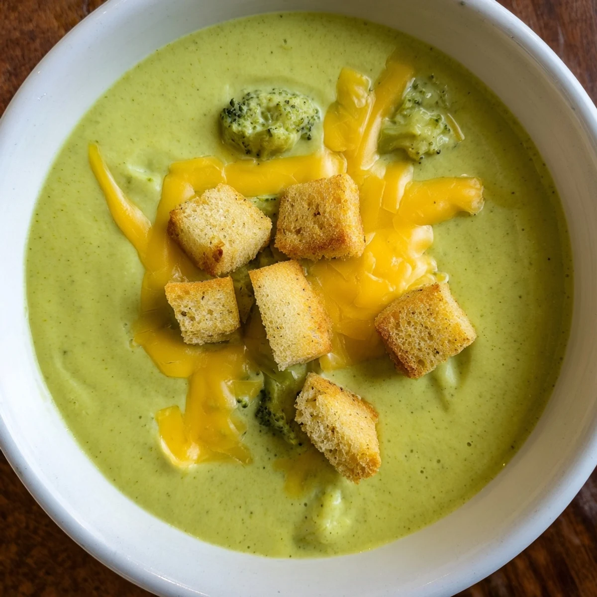 Vibrant homemade Green Broccoli Cheddar Soup with Croutons topped on rustic bread cubes and shredded sharp cheddar cheese.