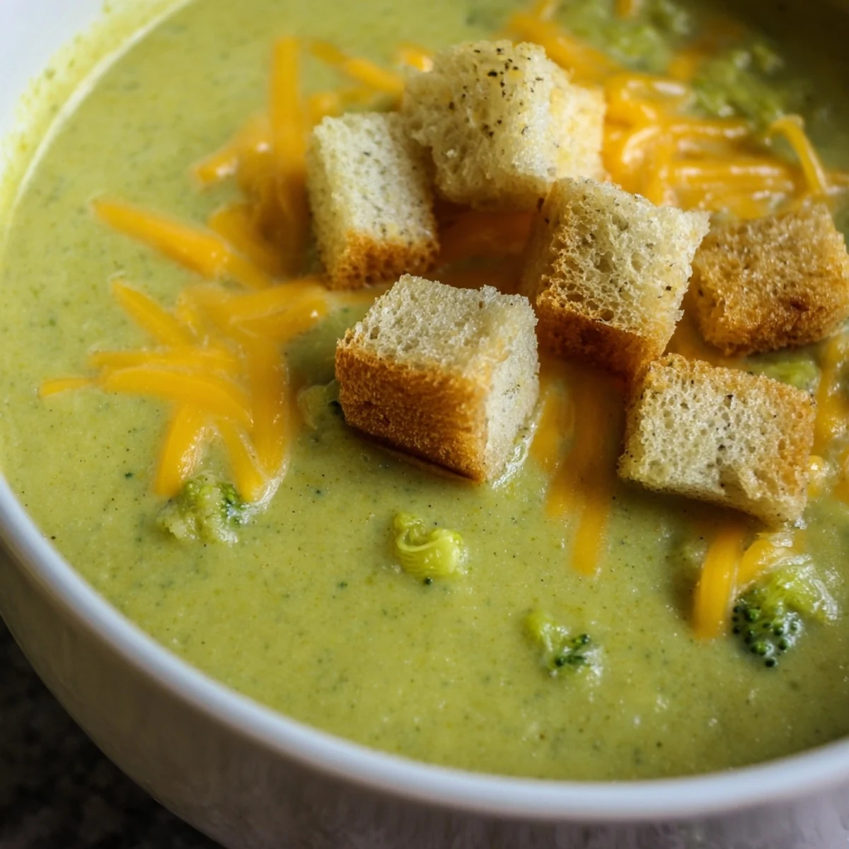 A steaming bowl of Green Broccoli Cheddar Soup with Croutons beside a spoon, ready for chilly day comfort.