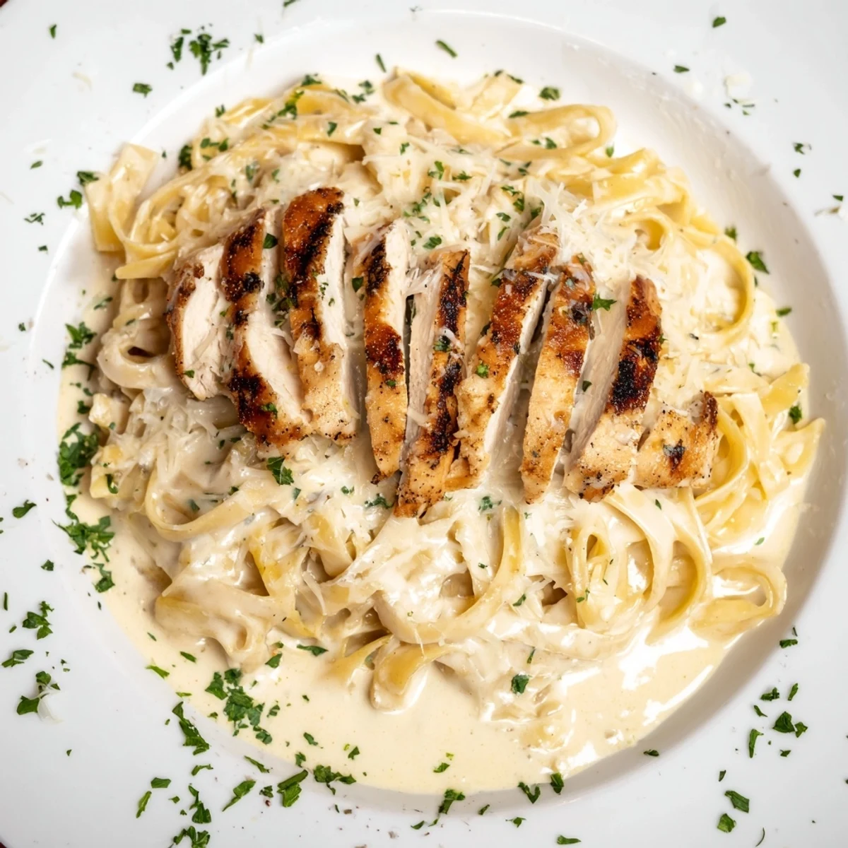 Freshly sliced, Cajun-spiced chicken breasts rest atop creamy Cajun Blackened Chicken Alfredo fettuccine, garnished with parsley.