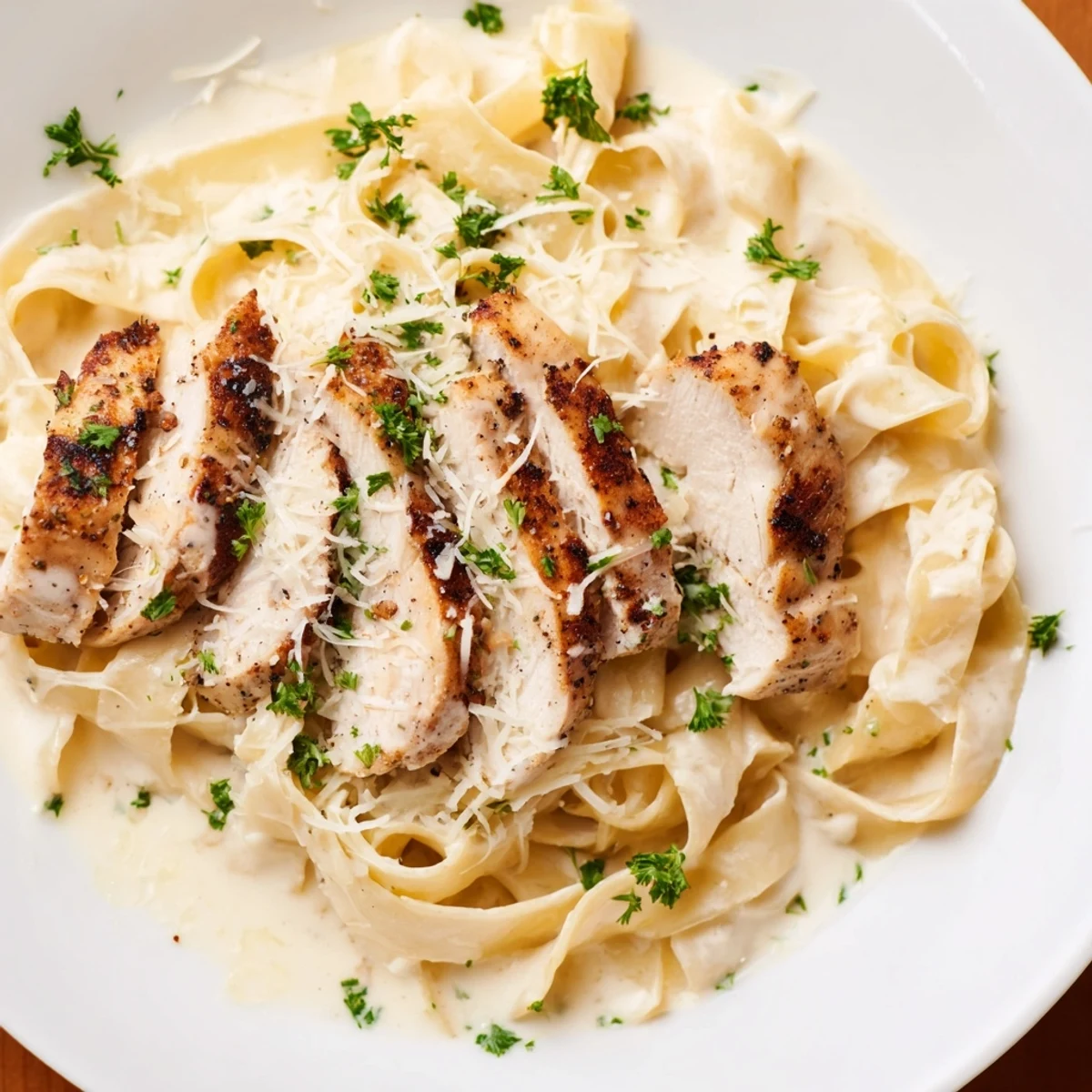 A close-up of steaming Cajun Blackened Chicken Alfredo shows rich sauce coating pasta, with melted Parmesan and garlic notes.