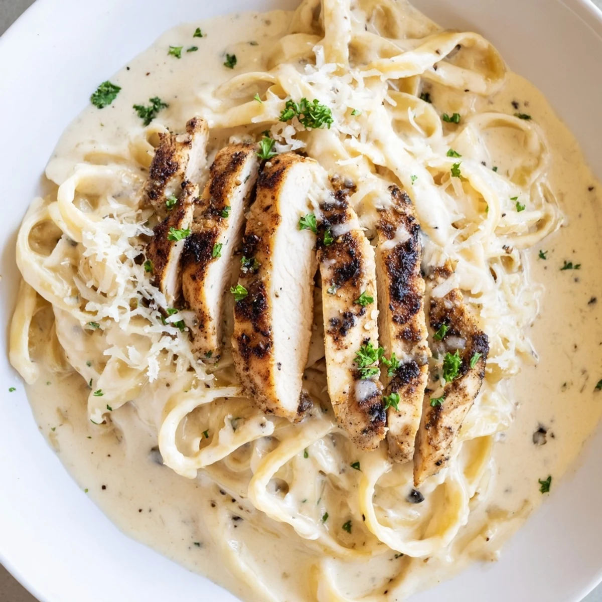 In a skillet, Cajun Blackened Chicken Alfredo is served hot, blackened chicken strips mixed through cheesy pasta.