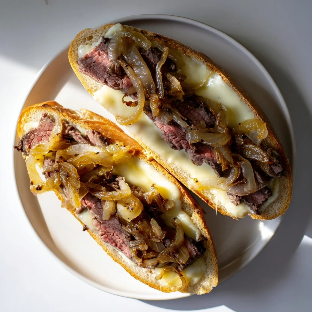 A close up of MVP Steak Sandwiches features tender beef, golden onions, and a fresh arugula topping on a warm crusty roll.