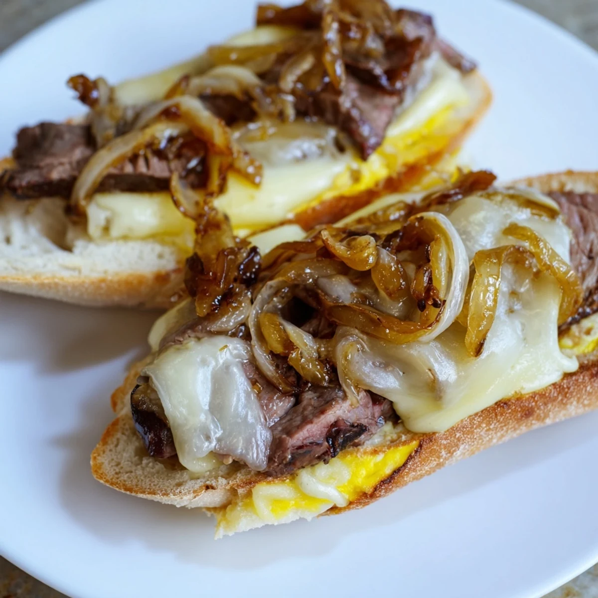 MVP Steak Sandwiches with melty Swiss cheese are plated with crispy fries, perfect for a satisfying game day meal.