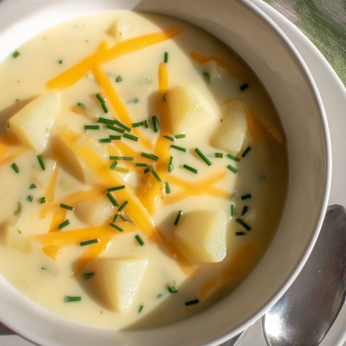 Creamy Irish Cheddar Potato Soup with Chives ladled into a rustic bowl, garnished with fresh chives and extra cheese.