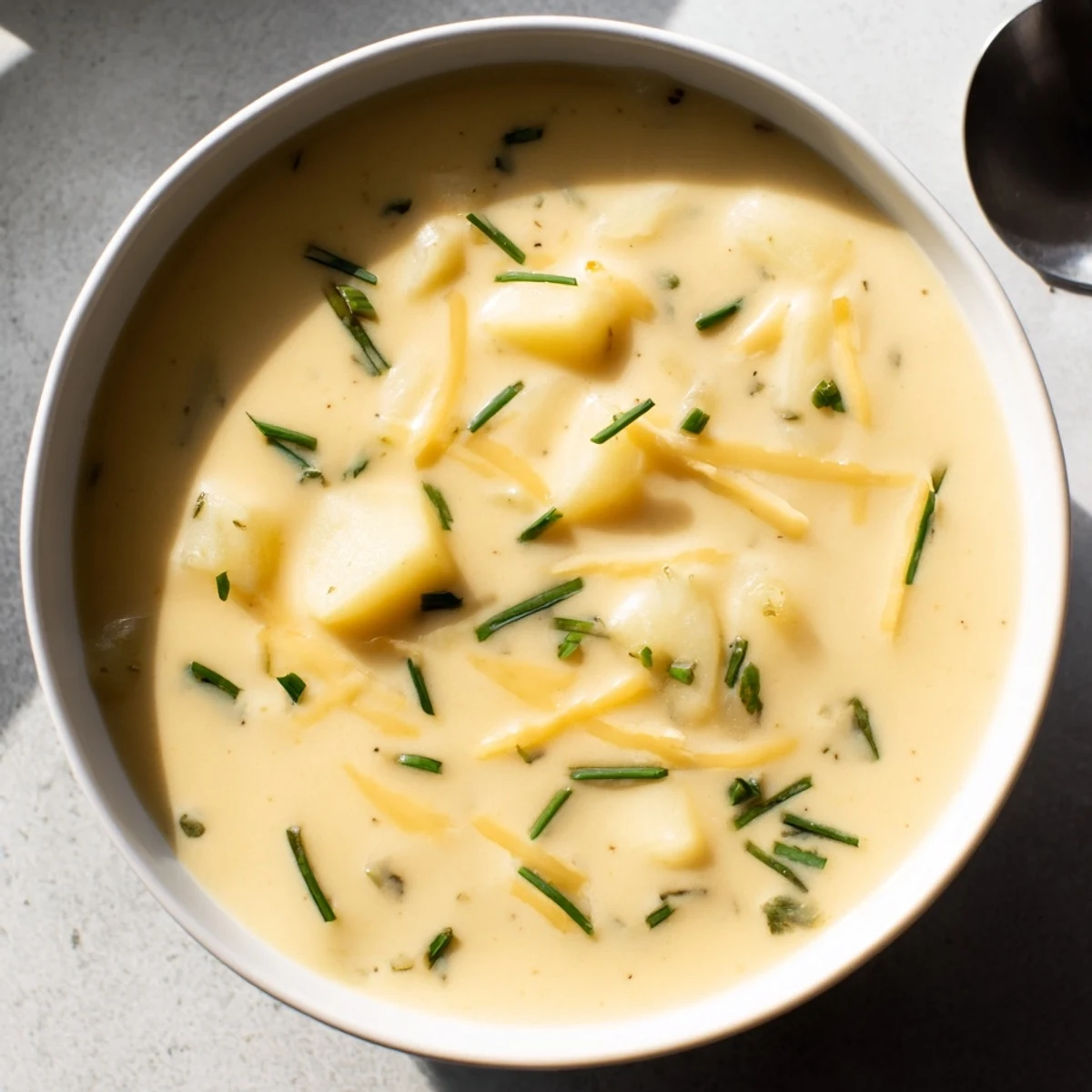 Steaming Irish Cheddar Potato Soup with Chives served in a cozy ceramic bowl beside crusty bread for dipping.