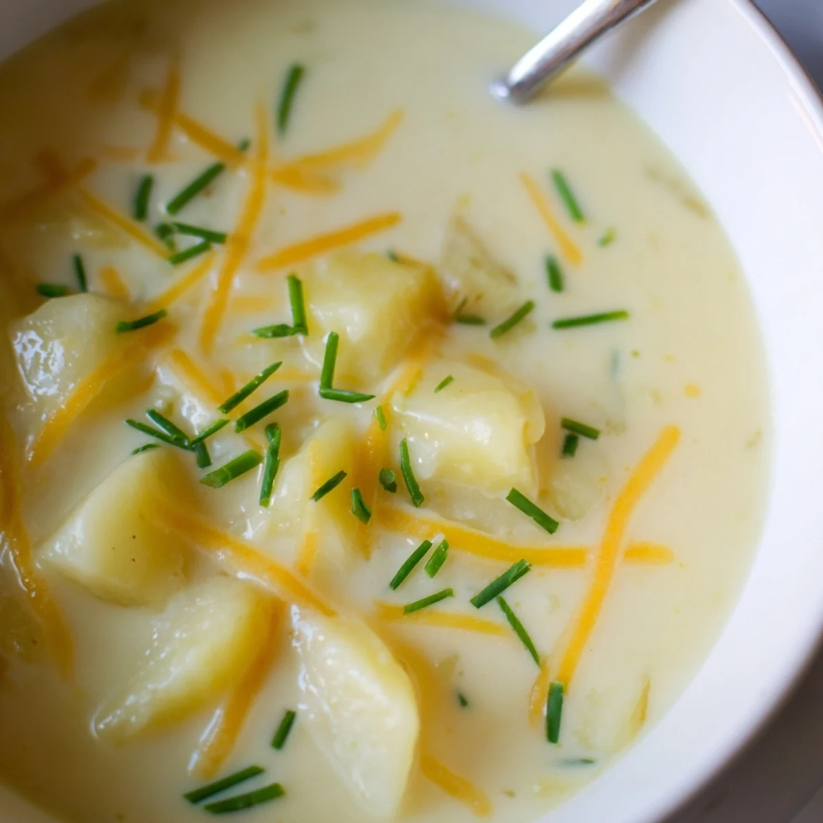 Close-up of rich Irish Cheddar Potato Soup with Chives, showing velvety texture and melted cheddar throughout.