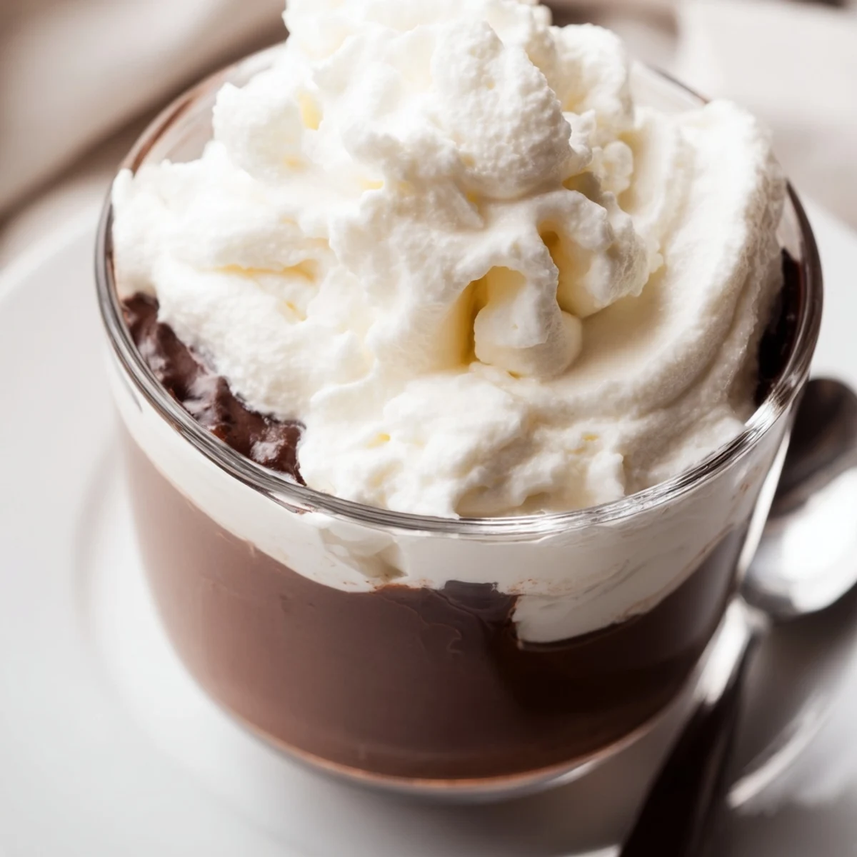 Silky French chocolate mousse in a glass, topped with fluffy whipped cream.