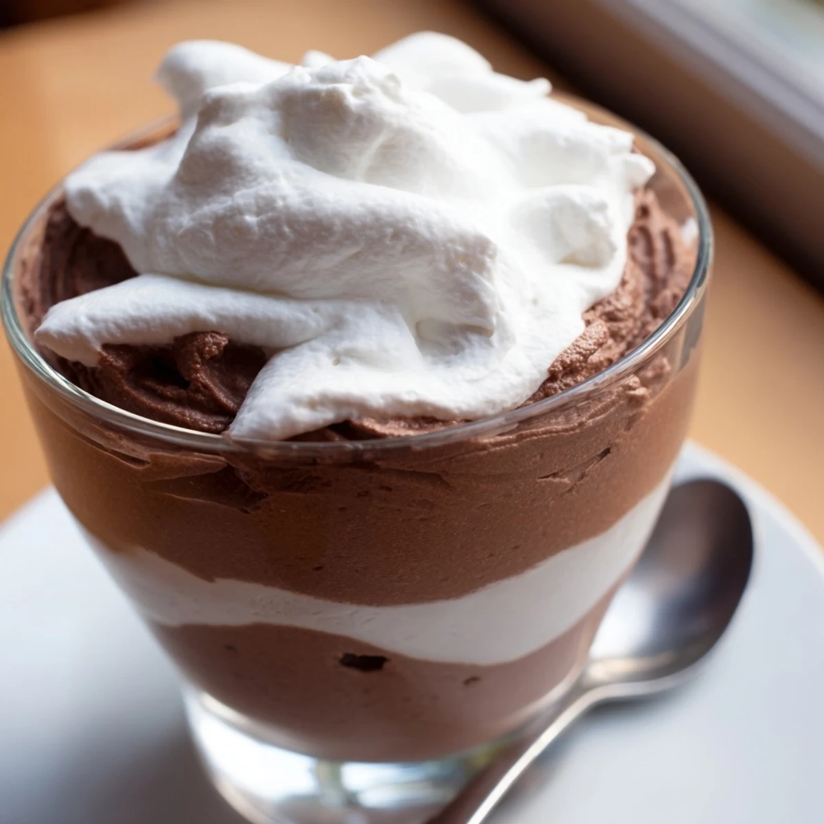 Decadent chocolate mousse dessert with piped whipped cream, perfect for dinner parties.