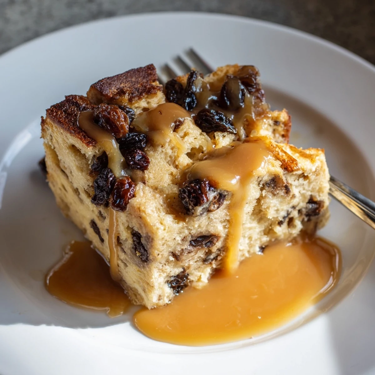 Freshly baked New Orleans Bread Pudding with Caramel Sauce in a rustic ceramic dish, ready to be served.