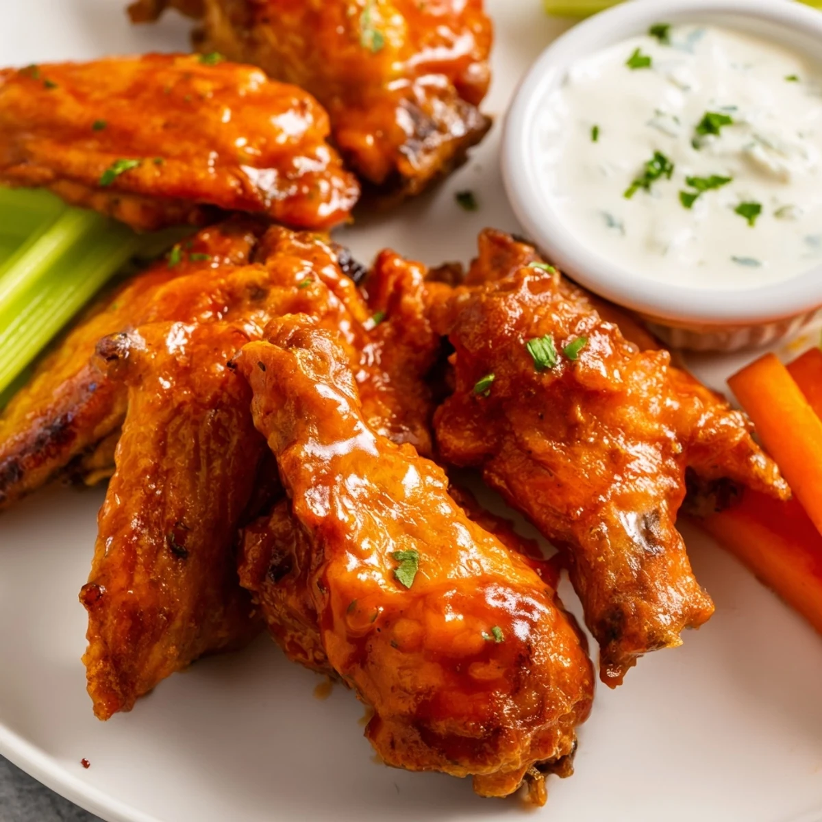 Golden Touchdown Spicy Wings tossed in buttery hot sauce, served alongside creamy ranch dip and crisp carrot sticks.