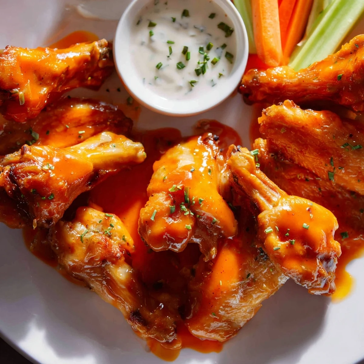 Crispy baked Touchdown Spicy Wings with Ranch dip on a platter, garnished with fresh chives and celery sticks.