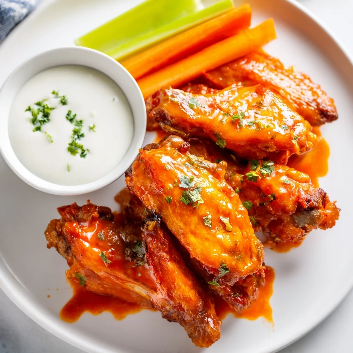 A platter of spicy baked Touchdown Spicy Wings with ranch dip, ready for a festive game day gathering.