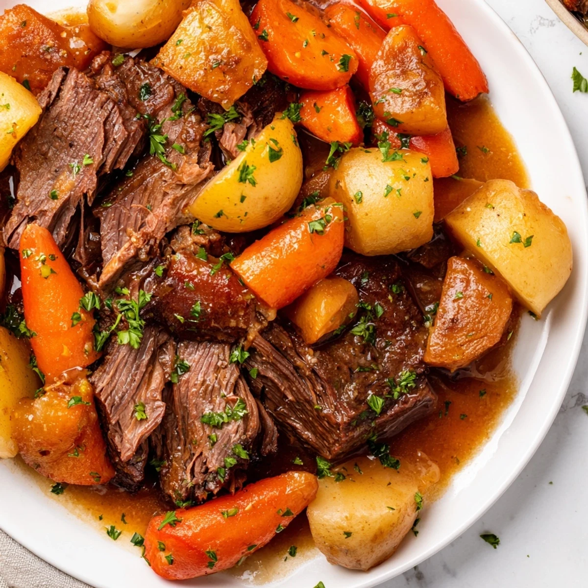 Golden-brown Irish Beef Pot Roast with Root Vegetables, slow-cooked in a rich, savory broth until fork-tender.