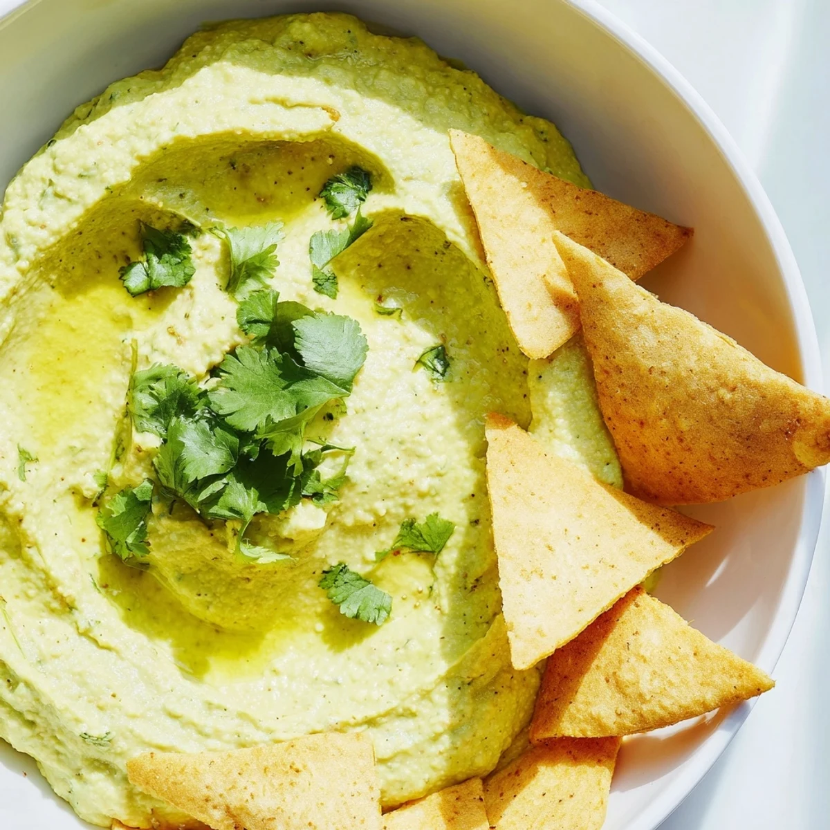 Vibrant, herb-blended Green Avocado Hummus on a platter with crunchy pita triangles, perfect for a fresh vegan appetizer spread.