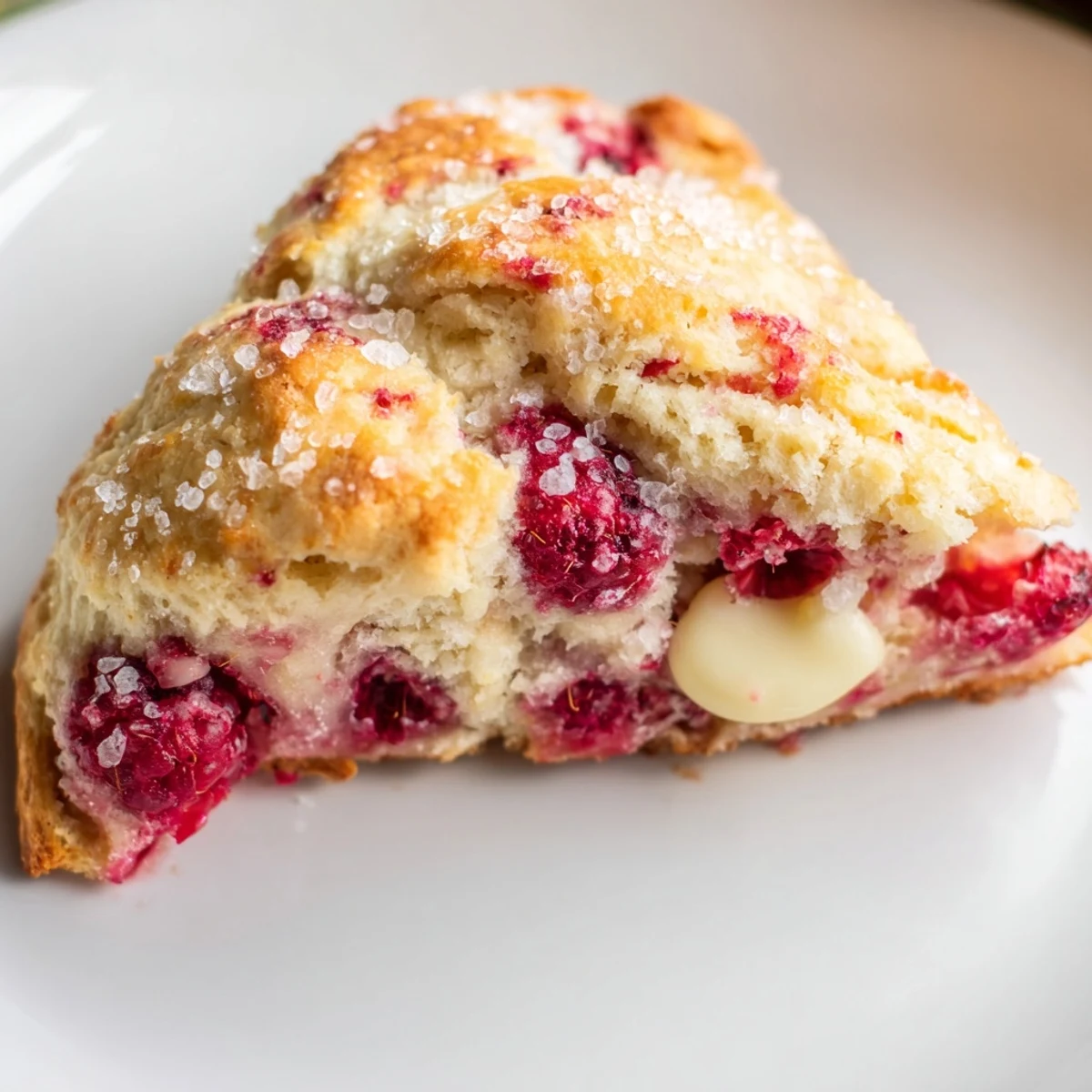 Freshly baked Raspberry White Chocolate Scones with a golden crust and melty white chocolate chips
