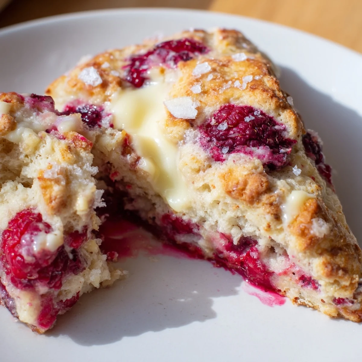 Warm Raspberry White Chocolate Scones served on a plate next to a cup of hot tea