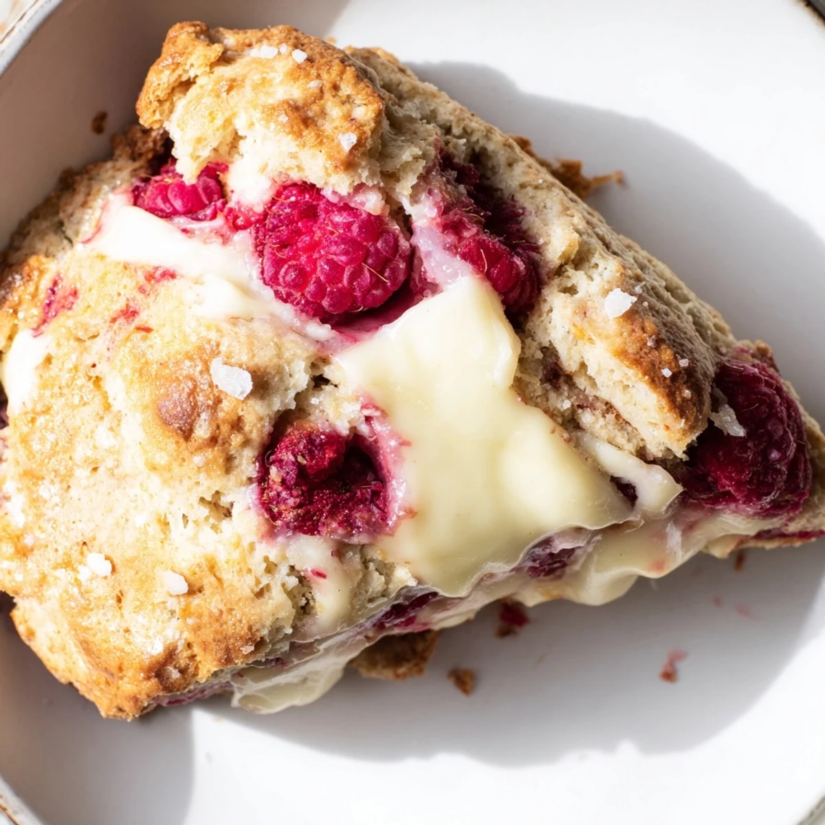 Golden Raspberry White Chocolate Scones on a wire rack, studded with bright red raspberries