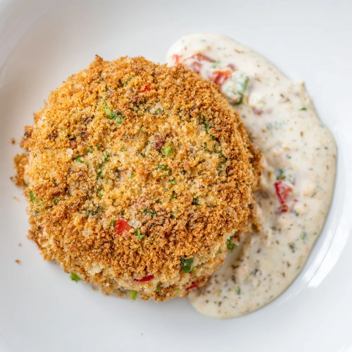 Crisp Cajun Crab Cakes with Remoulade Sauce on a plate, garnished with lemon wedges and parsley beside a small ceramic bowl of dip.