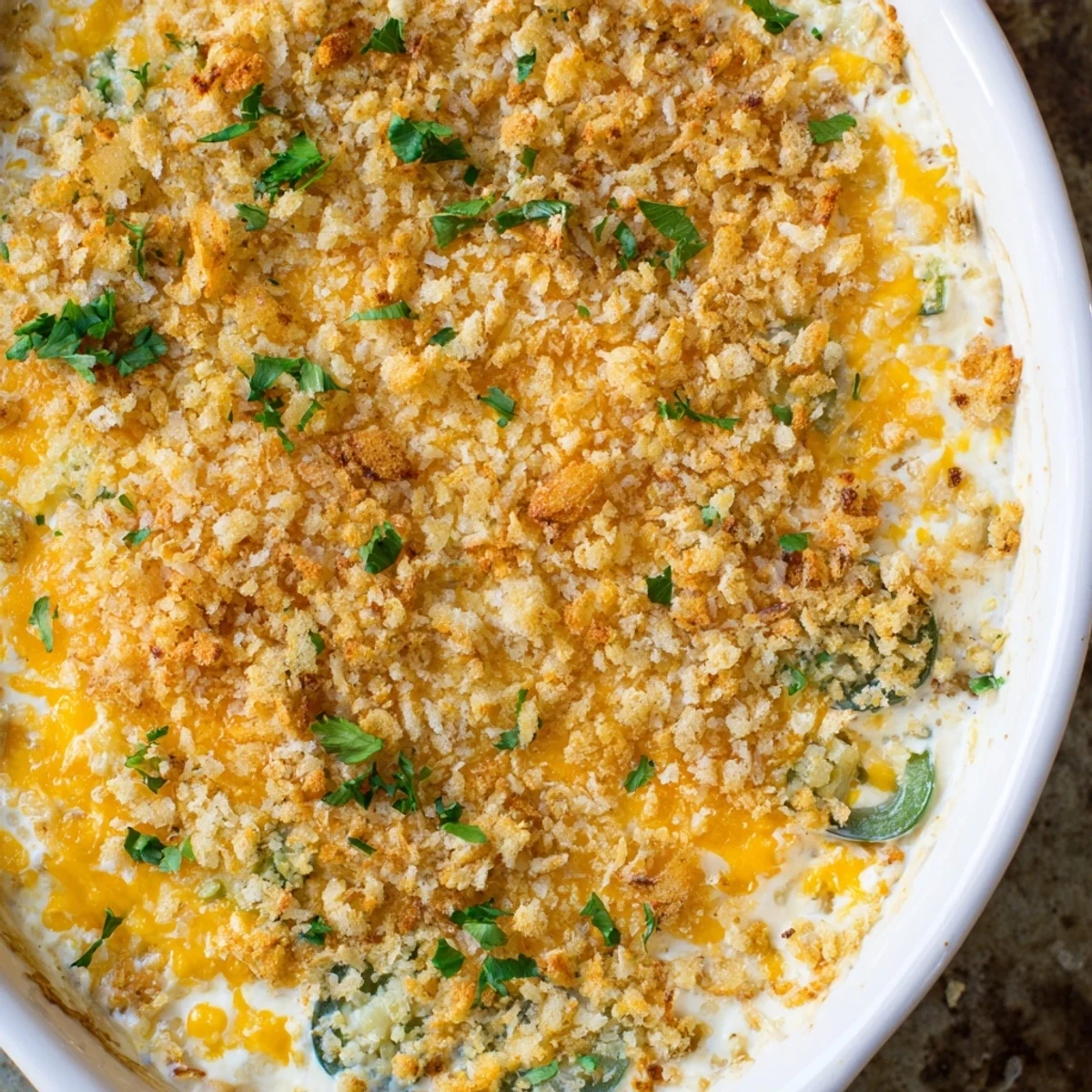A close-up of creamy, cheesy Super Bowl Jalapeño Popper Dip topped with crunchy Panko breadcrumbs, ready to scoop.