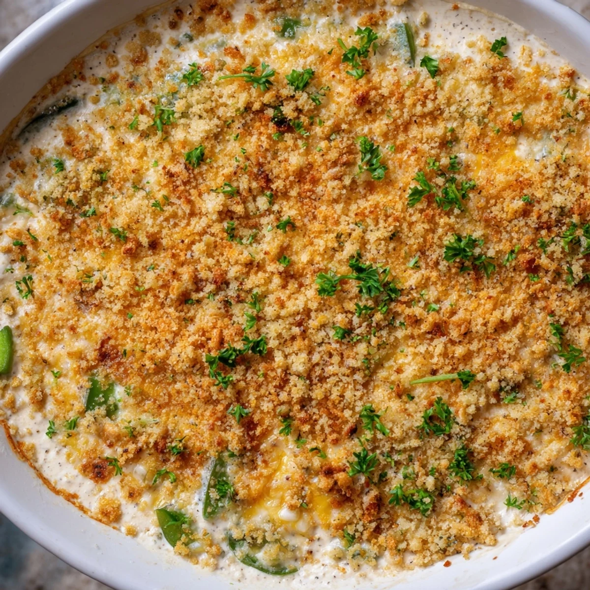 Golden, bubbly Super Bowl Jalapeño Popper Dip in a baking dish, garnished with fresh parsley and served with tortilla chips.