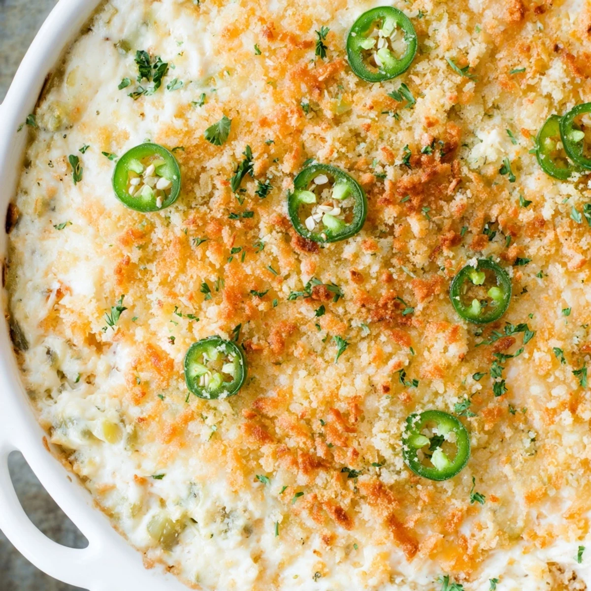 Hot, melted Super Bowl Jalapeño Popper Dip in a ceramic dish, surrounded by crackers and jalapeño slices on a rustic table.