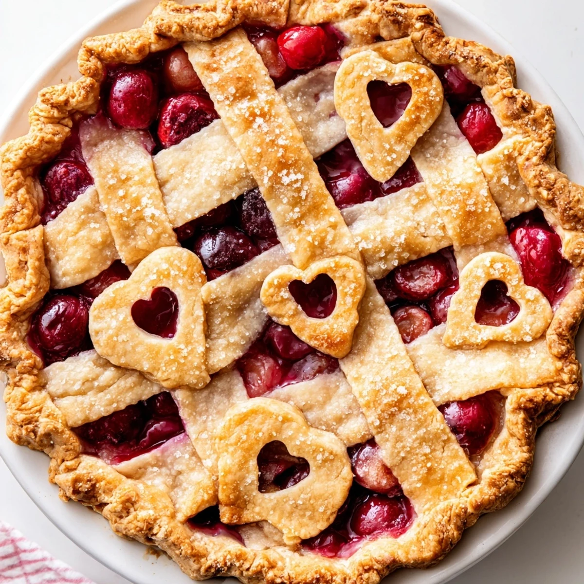 Freshly baked Sweetheart Cherry Pie with a golden lattice crust shows juicy red cherries peeking through the woven strips on a rustic table.