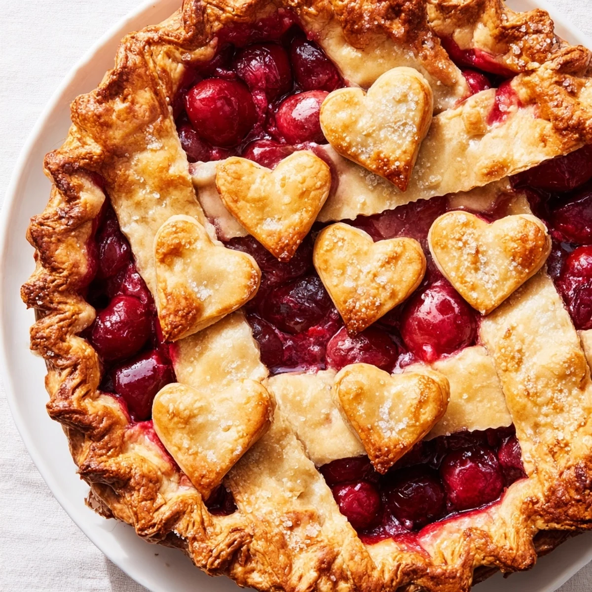 A slice of Sweetheart Cherry Pie is served with a scoop of vanilla ice cream melting into the sweet-tart cherry filling.