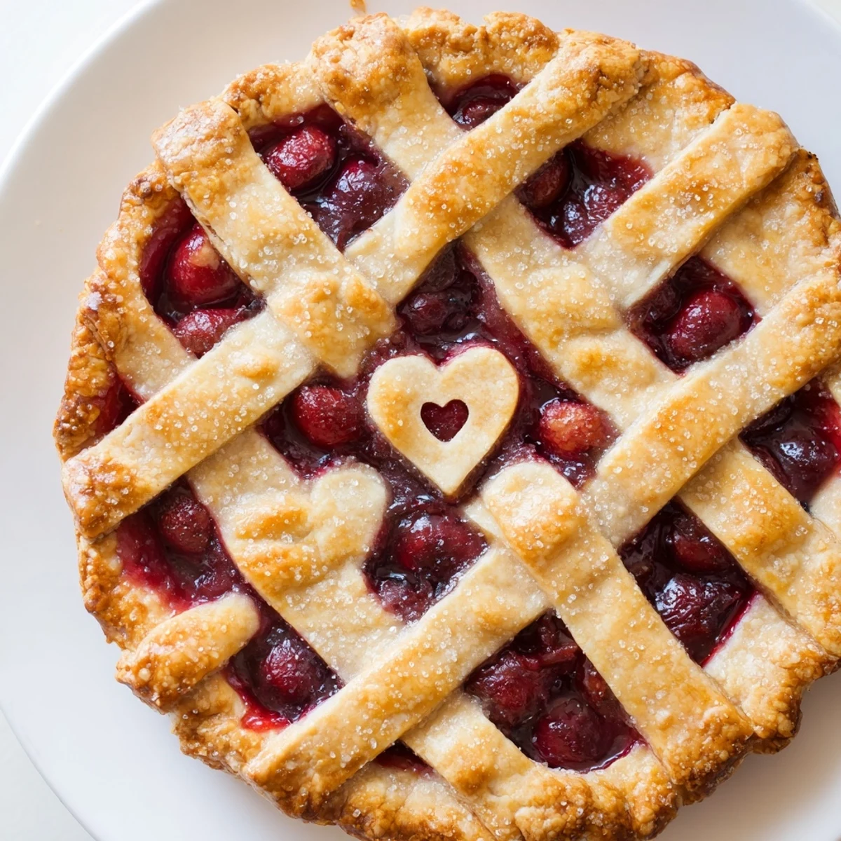 Close-up of a Sweetheart Cherry Pie lattice crust brushed with egg wash and sprinkled with coarse sugar next to a small heart cutter.