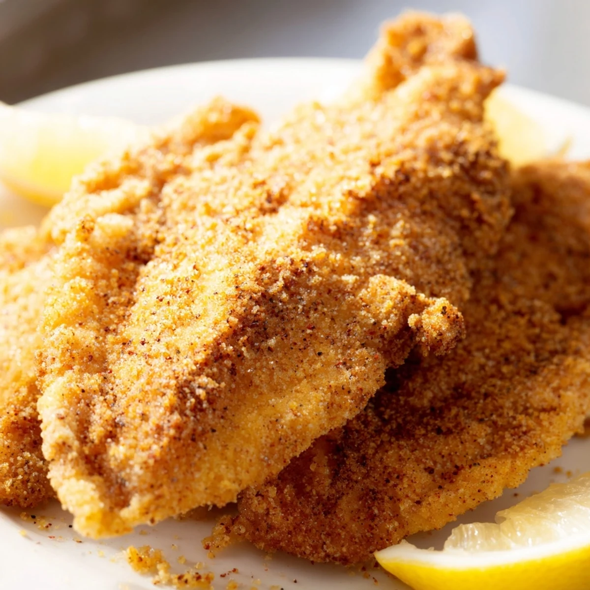 Freshly fried Louisiana Style Fried Catfish with crunchy cornmeal coating, drizzled with tangy tartar sauce.