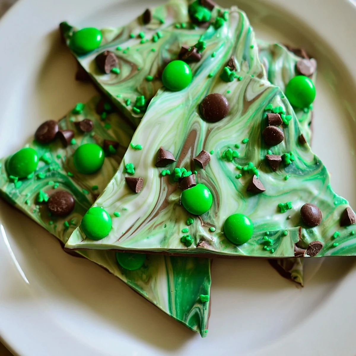 Festive St. Patricks Day Mint Chocolate Bark with green candies and a rich chocolate swirl on a marble surface.