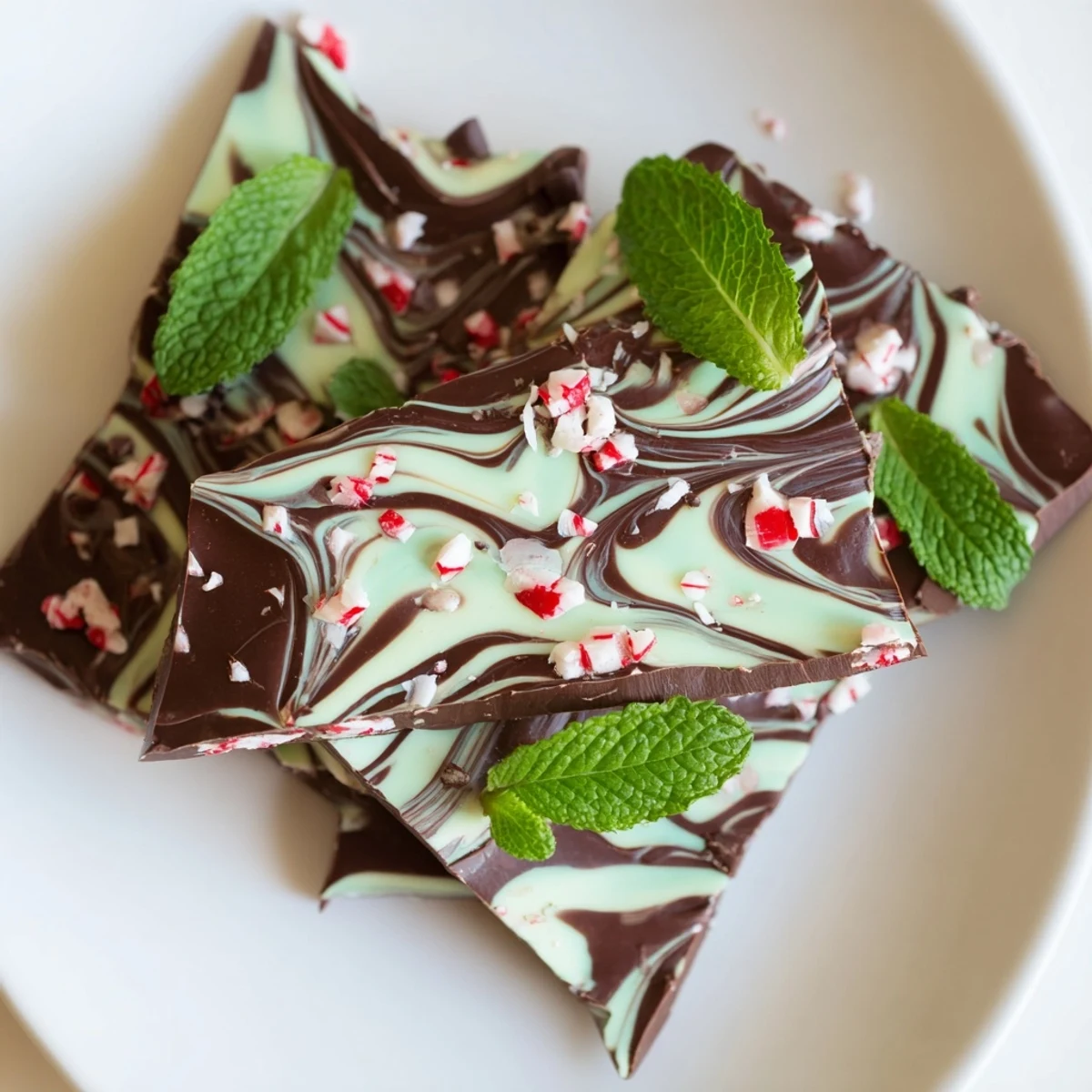 Festive homemade mint chocolate bark with white chocolate swirls broken into pieces on a parchment-lined baking sheet, ready for holiday gifting.  