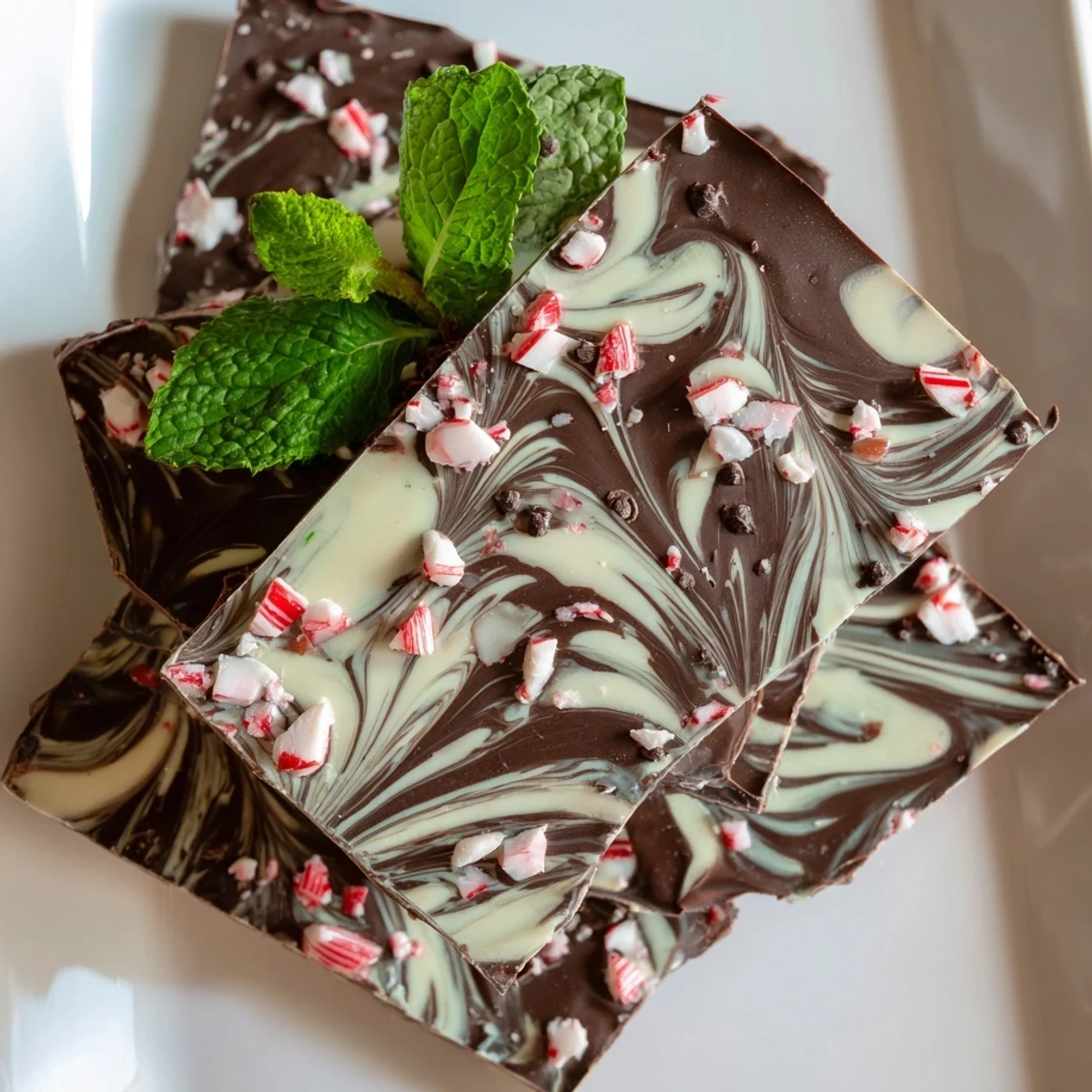 Shiny shards of mint chocolate bark with white chocolate swirls on a rustic wooden table, garnished with crushed peppermint candy canes.  