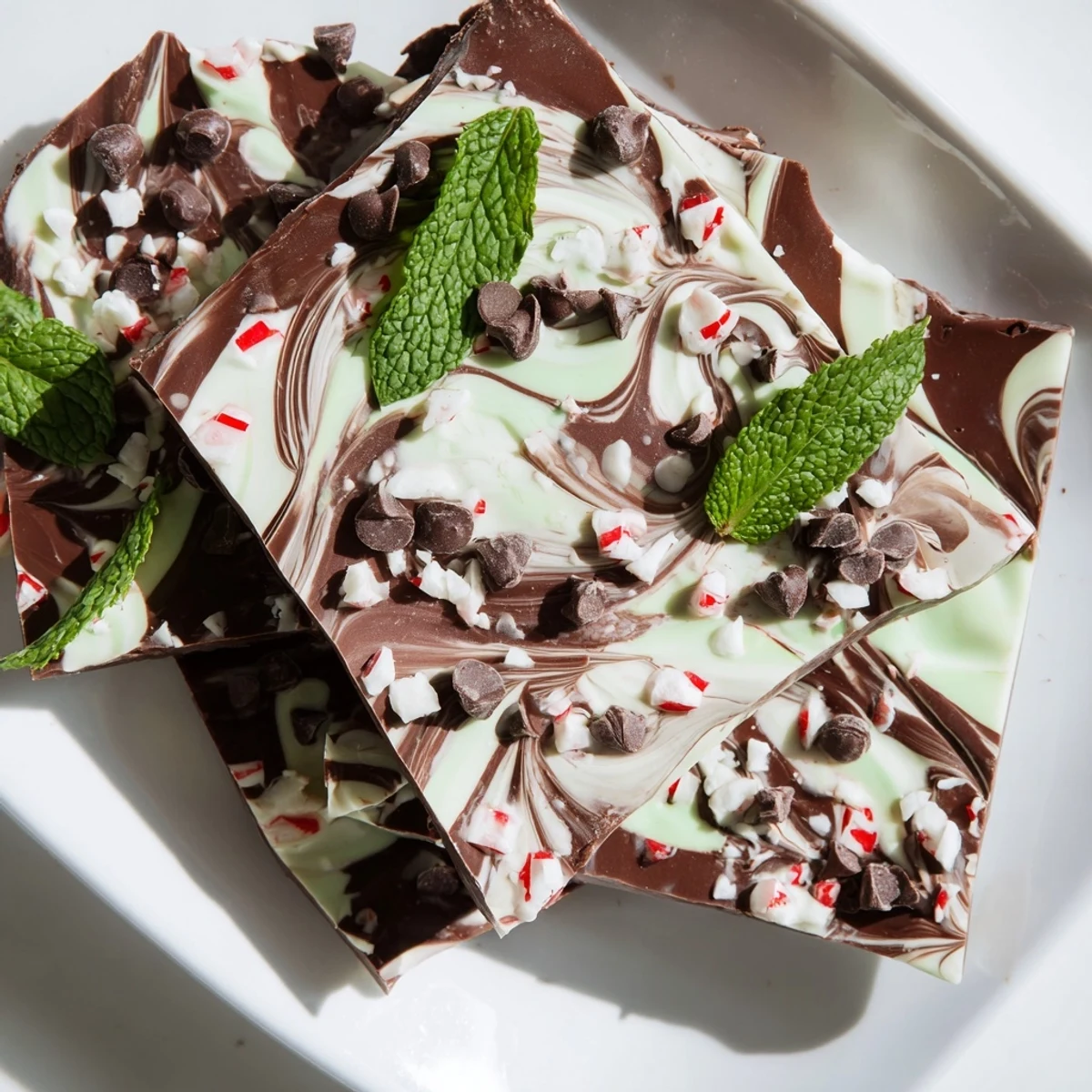 A close-up of mint chocolate bark featuring a white chocolate swirl and peppermint candy topping, served beside a steaming cup of coffee.