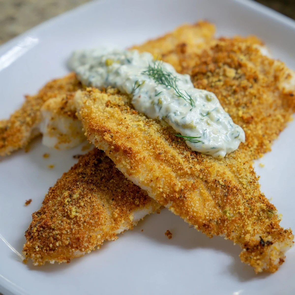Golden-brown Louisiana style fried catfish fillets served with creamy tartar sauce on a white plate.