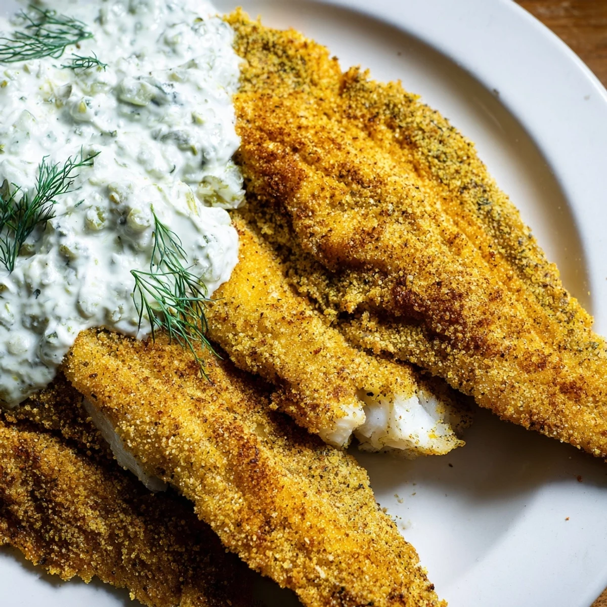 Crispy, Cajun-spiced catfish fillets paired with a tangy homemade tartar sauce and fresh lemon wedge.