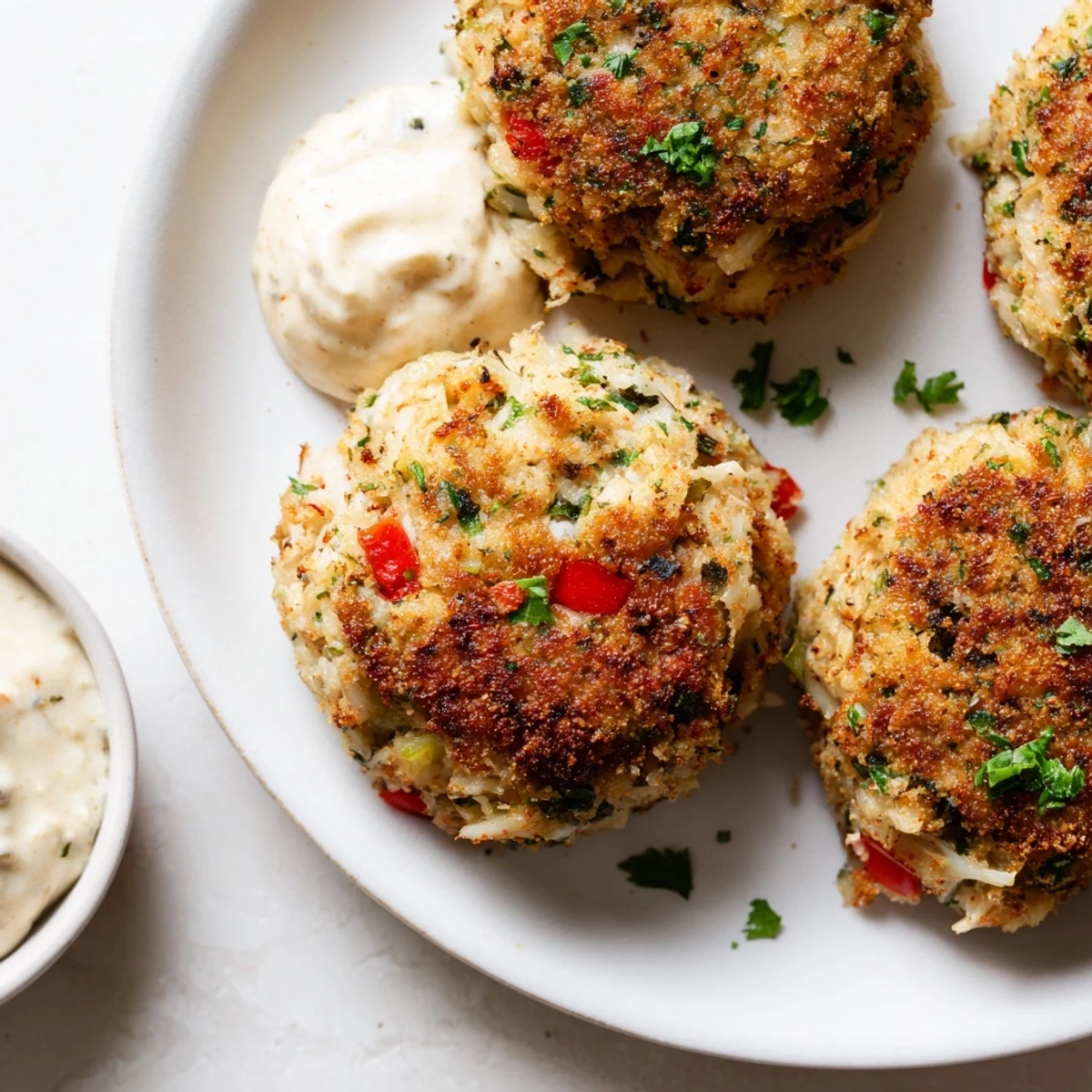 Crispy pan-seared Cajun Crab Cakes with Remoulade Sauce beside a lemon wedge and creamy dip.
