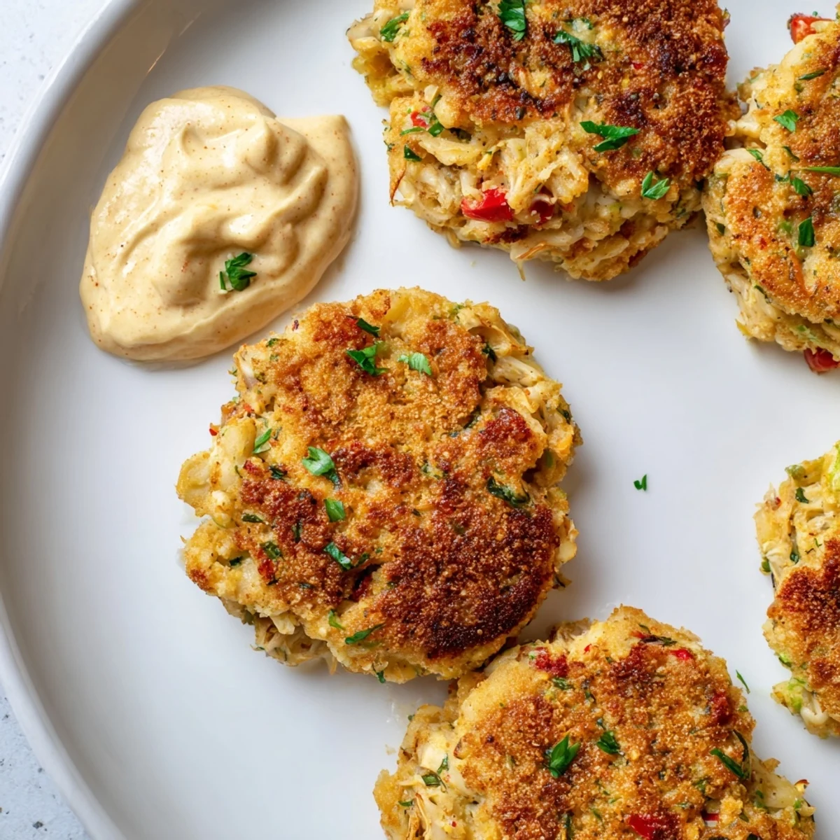 Freshly cooked Cajun Crab Cakes with Remoulade Sauce served on a wooden board with herbs.