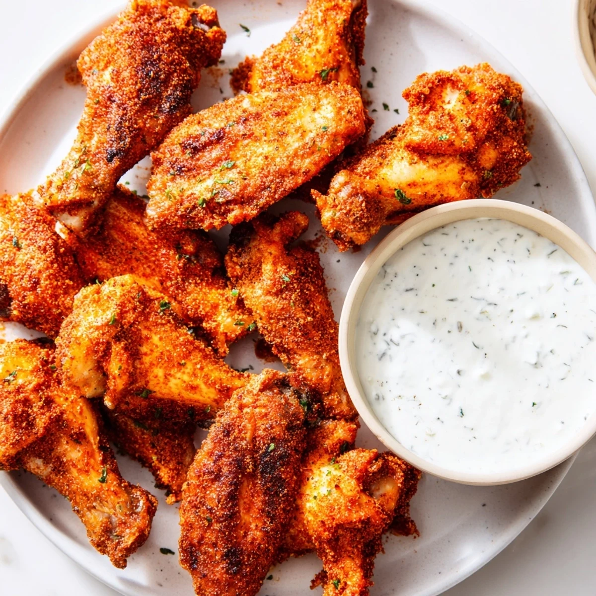 Spicy chicken wings with ranch dressing, served hot and ready for a game day appetizer platter.