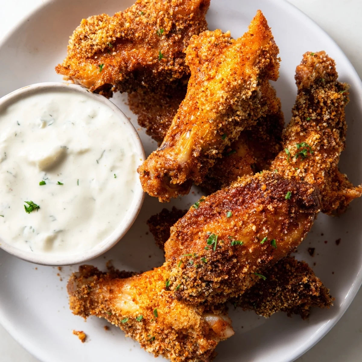 Golden, crispy oven-baked spicy chicken wings arranged on a platter with a side of creamy homemade ranch dressing for dipping.
