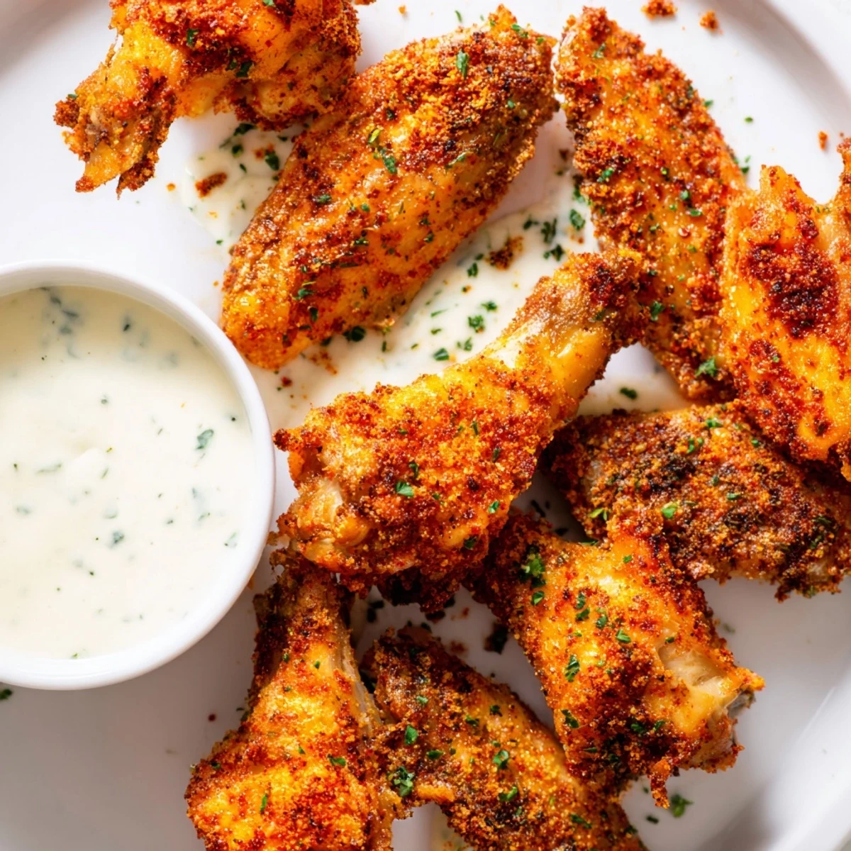 A close-up of crunchy spicy chicken wings next to a small bowl of ranch dressing, perfect for casual gatherings.