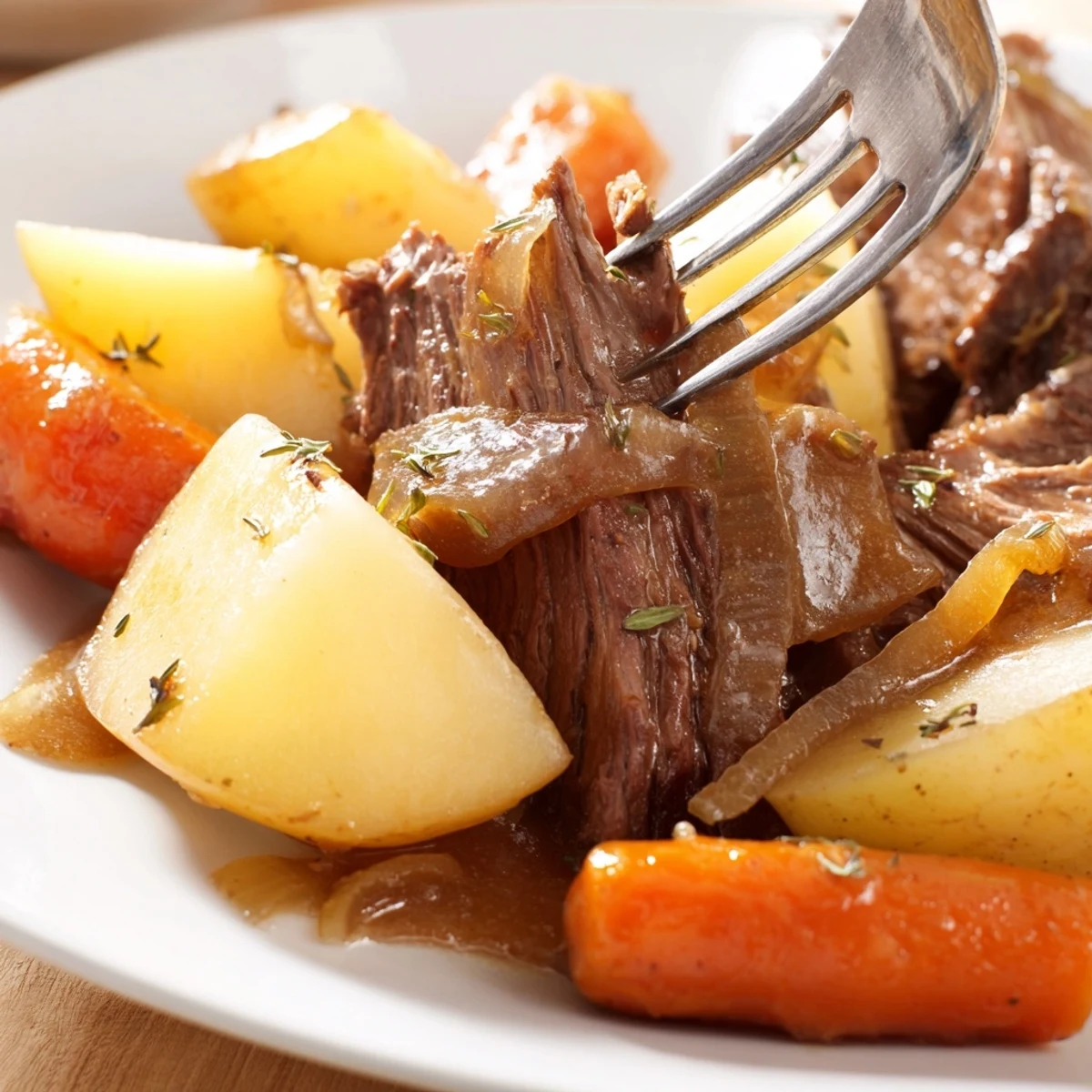 Hearty Irish Beef Pot Roast with tender carrots and potatoes simmered in savory herb-infused gravy.