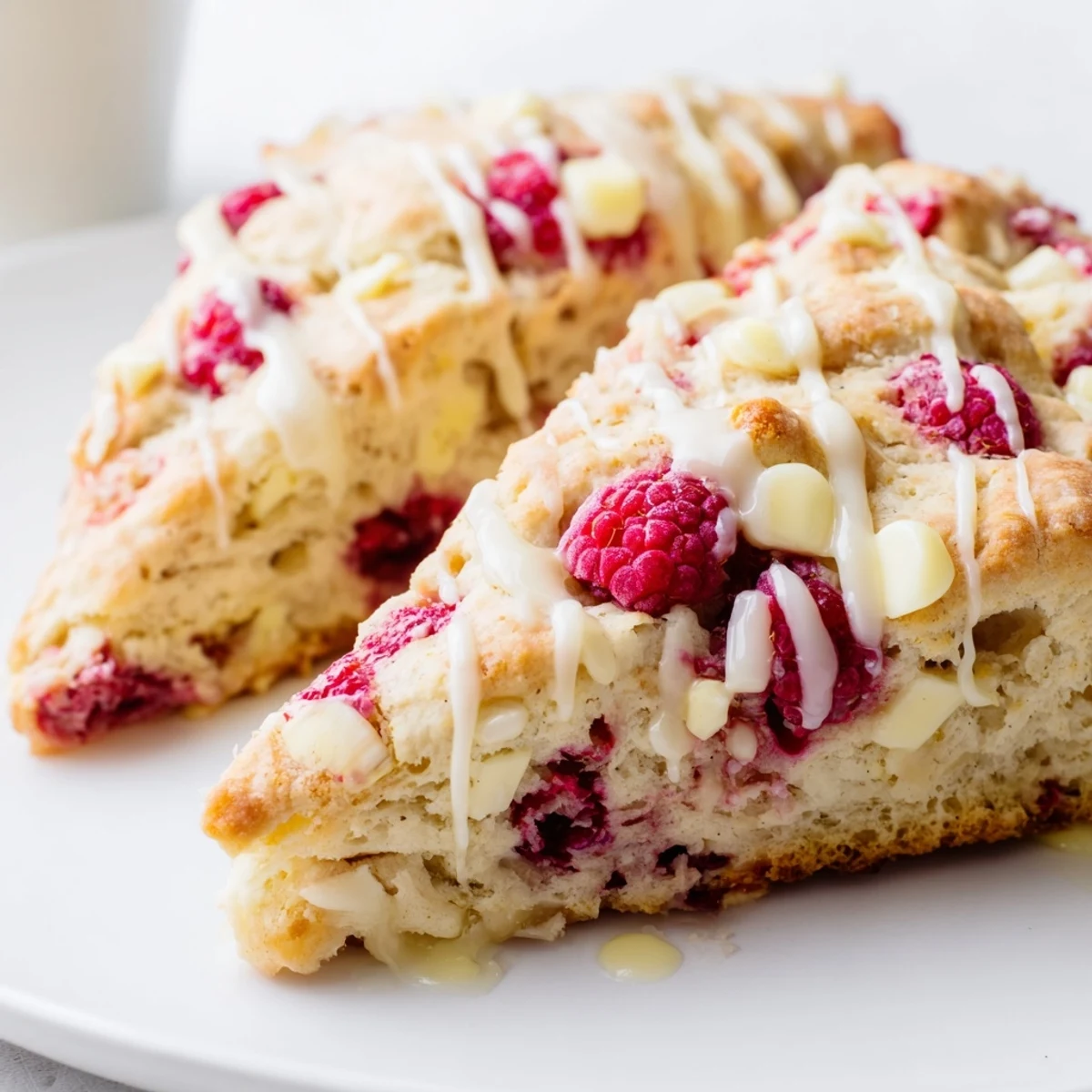 Warm Raspberry White Chocolate Scones with a simple glaze, ready to enjoy with a hot cup of coffee or tea.