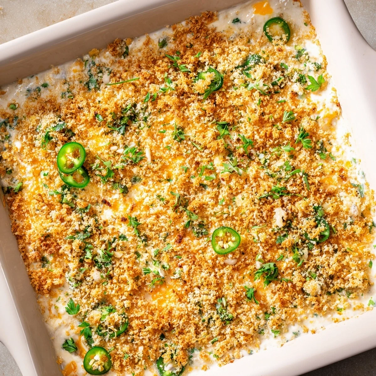 A close-up of baked Jalapeño Popper Dip with cream cheese, topped with golden panko crumbs and fresh parsley, served with tortilla chips.